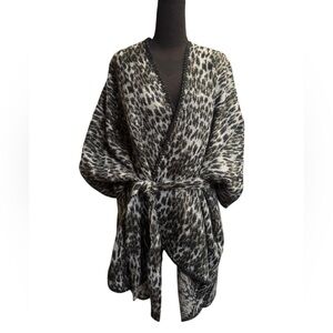 ANNE KLEIN OS Leopard Print Cozy Shawl Wrap Sweater Belted Gray Black EUC